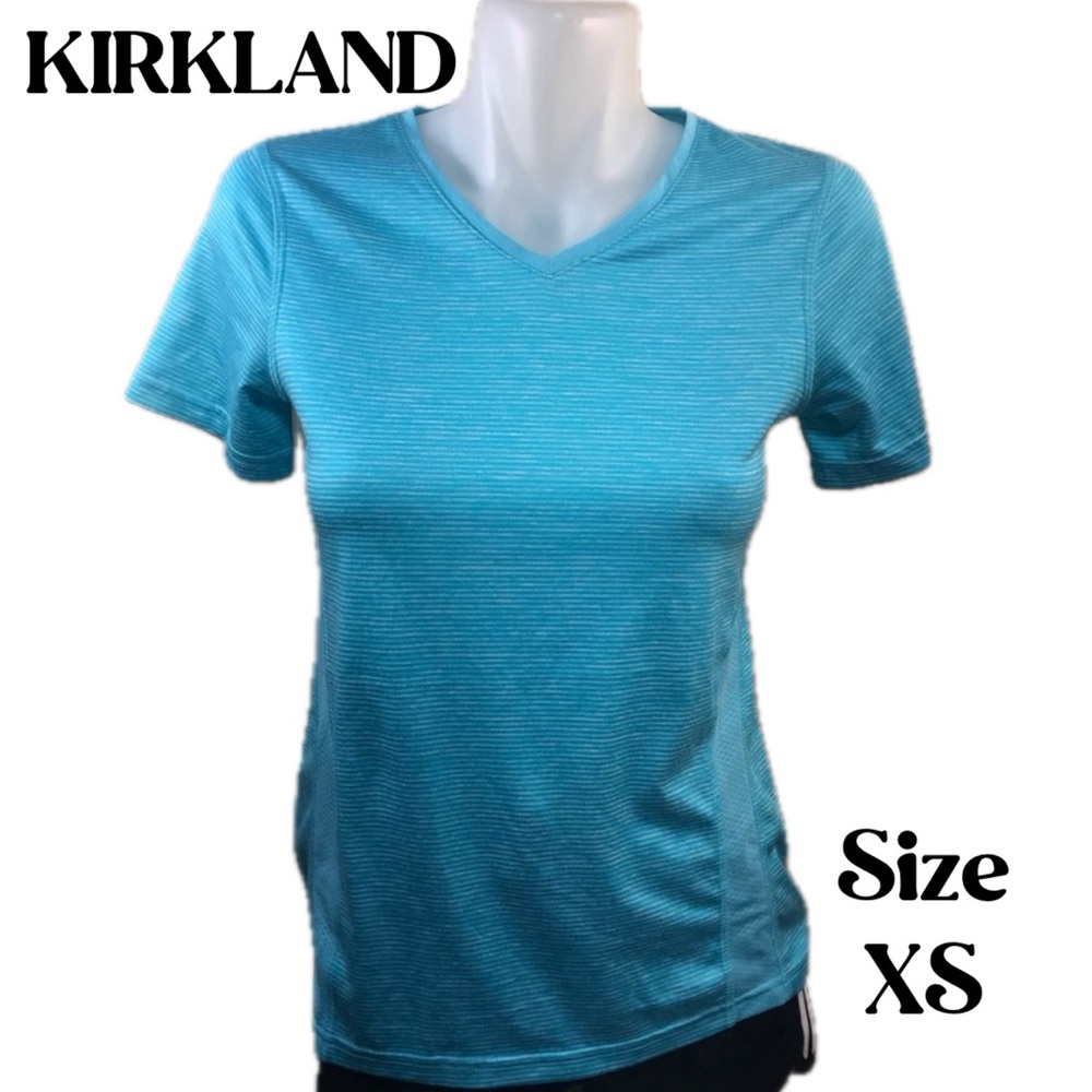 KIRKLAND ATHLETIC  TSHIRT TURQUOISE BLUE WHITE STRIPE ZIP POCKET SIZE XS